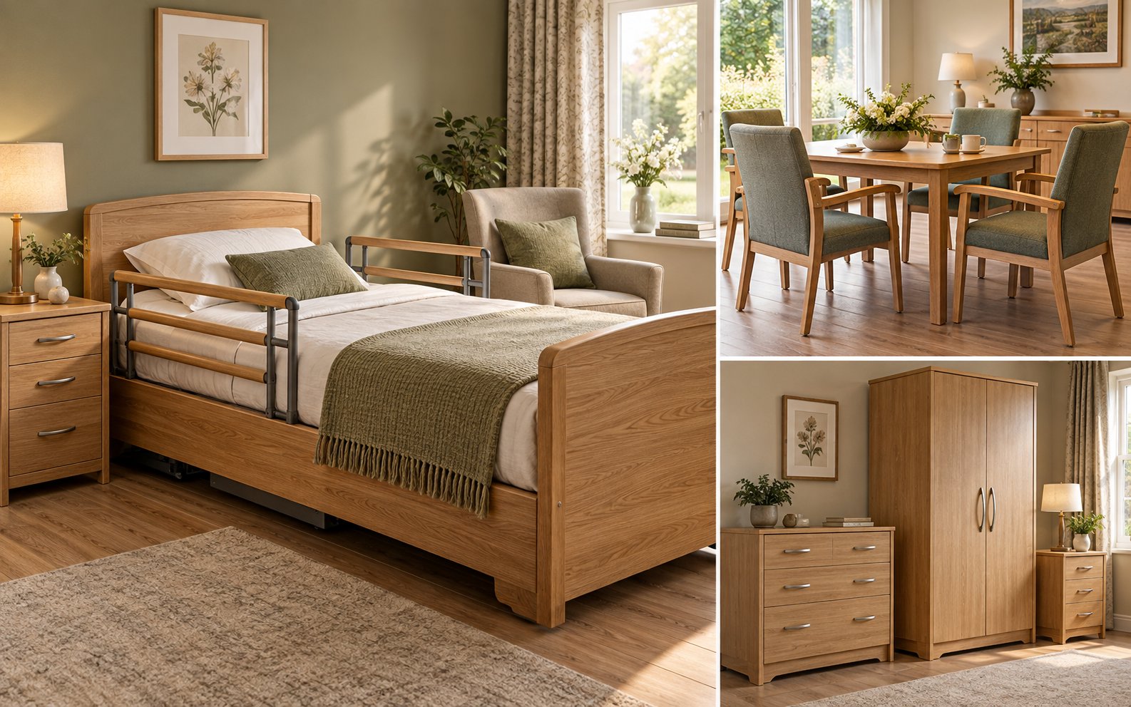 Elderly care bed, armrest chairs and storage furniture